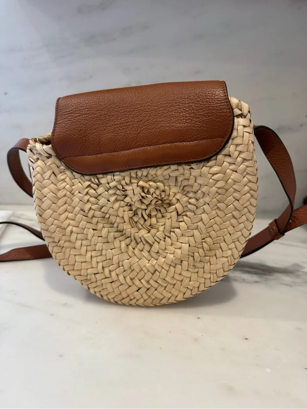 Chloe Brown Leather & Woven Straw Crossbody Bag